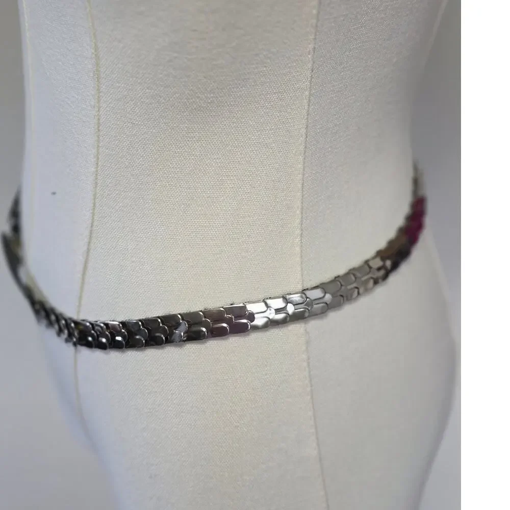 Vintage 80s Silver-Tone Stretch Belt Sleek Rectangular Metal Buckle Elastic Punk